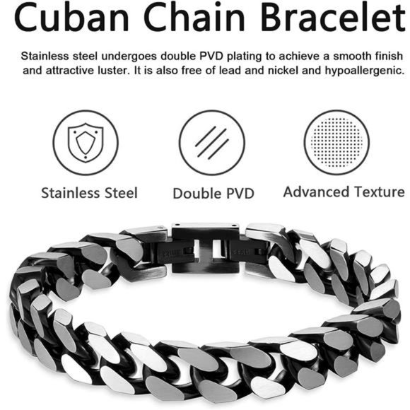 Bracelets for Men-Stainless Steel Fold Over Clasp Cuban Chain Mens Bracelet - Picture 6 of 6